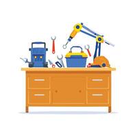 sturdy workbench with tools scattered on top vector