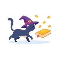 Witch cat chasing a floating spellbook vector
