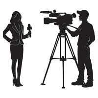 Silhouette News Team with Reporter and Cameraman in Action Graphic vector