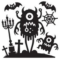 Spooky Halloween Monster Silhouette Design Set with Scene vector