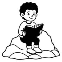 Dynamic Cartoon Boy Reading on Rock Silhouette vector