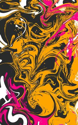 A colorful abstract painting with pink, yellow and black