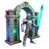 Knight, Stone Archway, Fantasy Realm, Glowing Sword, 3D Render, Game Asset, Adventure Scene, Magical Portal, Epic Battle, Digital Art png