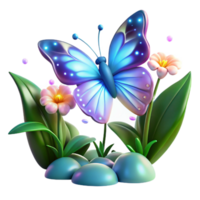 Glowing Butterfly on Flower with Rocks and Leaves png