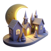 Nighttime Village Scene with Crescent Moon and Illuminated Houses png