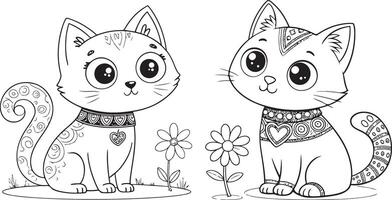 Cute Black and White Line Art of a Cat with Intricate Patterns vector