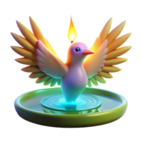 3D Render of a Bird with a Candle Flame on its Head in a Bowl of Water png