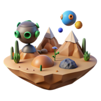 Abstract 3D Render of a Desert Island with Geometric Mountains and Floating Spheres png