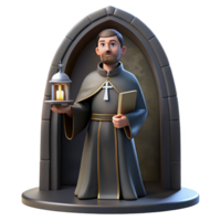 3D Render of a Monk in an Archway Holding a Lantern and Book png