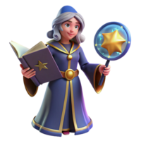 3D Render of a Female Wizard with a Spellbook and Star Wand png