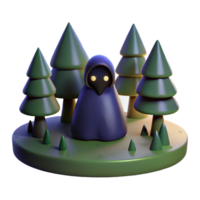 Mysterious Hooded Figure in a 3D Rendered Forest Scene png