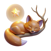 Sleeping Fox on Branch with Moon and Star 3D Render png