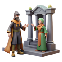 3D Render of Two Figures in Medieval Robes Conversing at a Stone Portal png