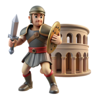 3D Render of Ancient Gladiator with Sword and Shield Near Columns png