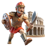 3D Render of Ancient Warrior with Shield and Weapon Near Colosseum png