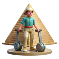 3D Render of an Adventurer on a Personal Scooter Exploring a Pyramid png
