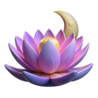 Serene Lotus Moon 3D Render of a Purple Flower with Golden Center and Crescent Moon png
