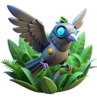 Robotic Bird in Lush Foliage 3D Render of Mechanical Avian png