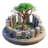 Ancient Tree in Stone Circle 3D Render of Mystical Garden png