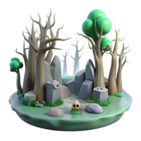 Enchanted Grove 3D Render of Mystical Forest Scene with Rocks and Skull png
