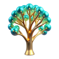 Golden Tree with Teal Spheres Abstract 3D Render png
