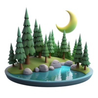 Nighttime Forest Scene Moonlit Pines, Serene Creek, and Rocks png