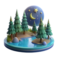 Nighttime Forest River Scene 3D Render of Moonlit Pines and Tranquil Water png