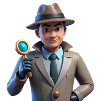 3D Detective with Magnifying Glass Investigating Clues and Mysteries png