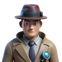3D Model Sleuth in Trench Coat with Magnifying Glass png