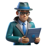 Sleuth Investigating Digital Clues A 3D Render of a Detective Using a Tablet png
