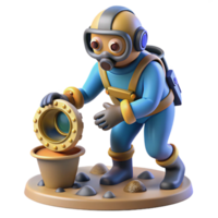 3D Render of a Diver Placing a Golden Artifact in a Pot png