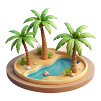 Island Oasis 3D Render of Tropical Paradise with Palm Trees and Water png
