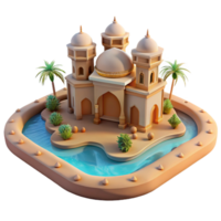 Oasis Mosque 3D Render of Desert Temple with Palm Trees and Water png