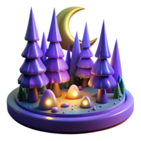 Enchanted Forest Night Scene 3D Render of Moonlit Trees and Glowing Rocks png