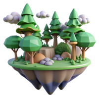 Floating Island Forest 3D Render of Low Poly Trees, Clouds, and Rocks png