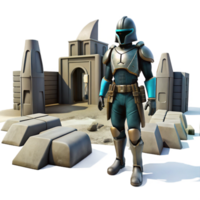 Sci Fi Armored Warrior in Desert Fortress Setting png