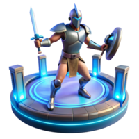 Fantasy Game Knight 3D Render of Armored Warrior with Sword and Shield on Futuristic Platform png