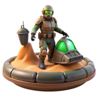 Sci Fi Soldier with Hovercraft and Waste Container on Desert Planet png