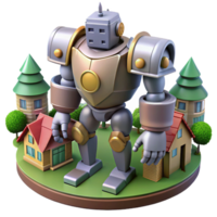Giant Robot in Suburban Setting 3D Render of a Mechanical Guardian Among Houses and Trees png