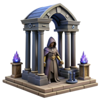 Mystic Archway A 3D Render of a Hooded Figure in an Ancient Stone Structure png
