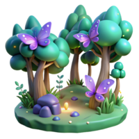 Enchanted Forest 3D Render of Whimsical Butterflies and Glowing Trees png