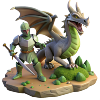 Knight and Dragon Fantasy Figurine 3D Render of Medieval Warrior and Mythical Beast png