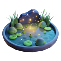 Enchanted Night Pond 3D Render of Serene Water Garden with Lily Pads and Glowing Lights png