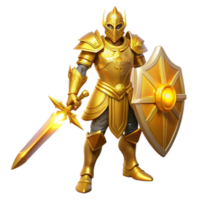 Golden Knight A 3D Render of a Warrior in Shining Armor with Sword and Shield png