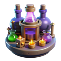 Mystical Potion Making Setup A 3D Render of Candles, Flasks, and Elixirs png