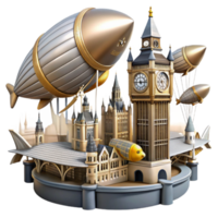 3D Illustration London Skyline with Airships A Whimsical Architectural Masterpiece png