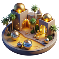Golden Oasis 3D Render Illuminated Desert Architecture with Palm Trees and Ornamental Spheres png