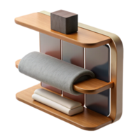 3D Render of Wooden Shelf Unit with Rolled Towel and Blocks, Minimalist Home Decor Illustration png