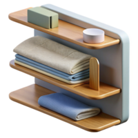 3D Render of Wooden Shelves with Folded Towels and Small Objects png