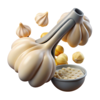 3D Render of Garlic Bulb with Press and Creamy Garlic Paste png